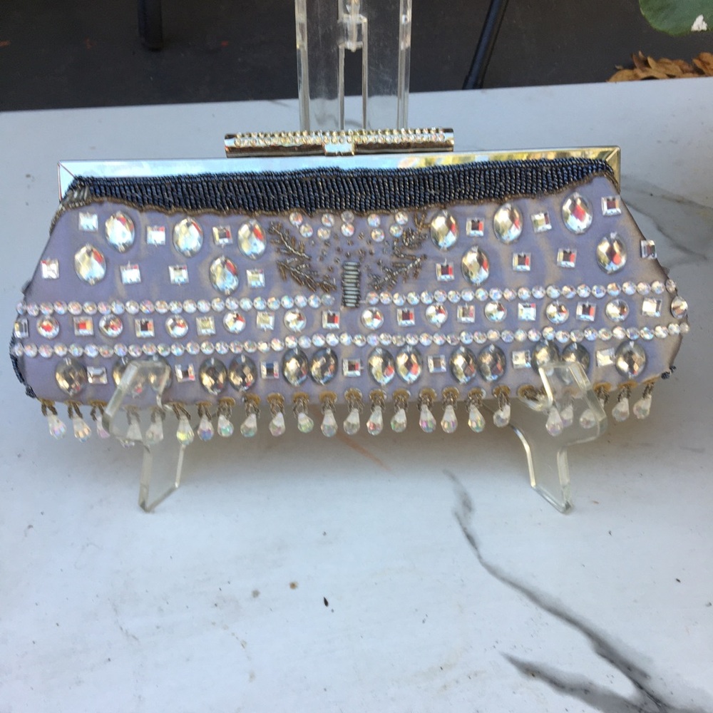 Cloth Light Gray With Faux Beading And Handles Clutch Bag